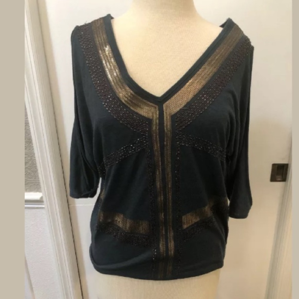 MISS ME Green V Neck Top Bling & Embellishments